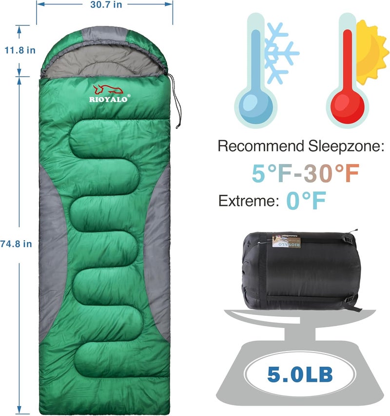 rioyalo 0 Degree Winter Sleeping Bags for Adults Camping (450GSM) - Temp Range (5F–32F) Portable Waterproof Compression Sack- Camping Sleeping Bags for Big and Tall in Env Hoodie: Backpacking Hiking 4 Season - Image 2